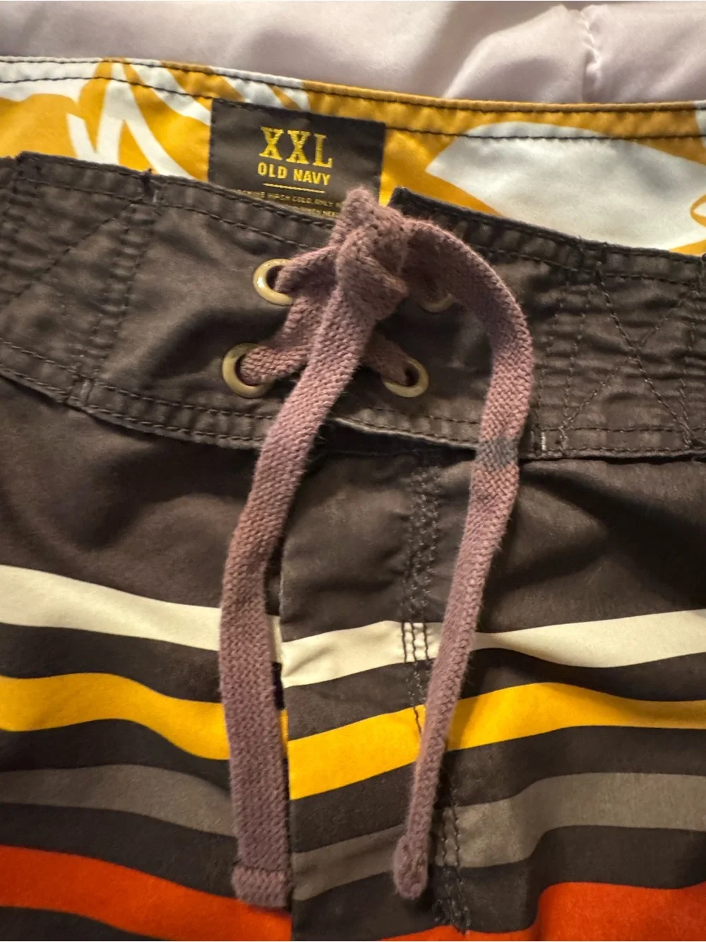 Old Navy Brown Swim Board Shorts with Yellow and Orange Stripes